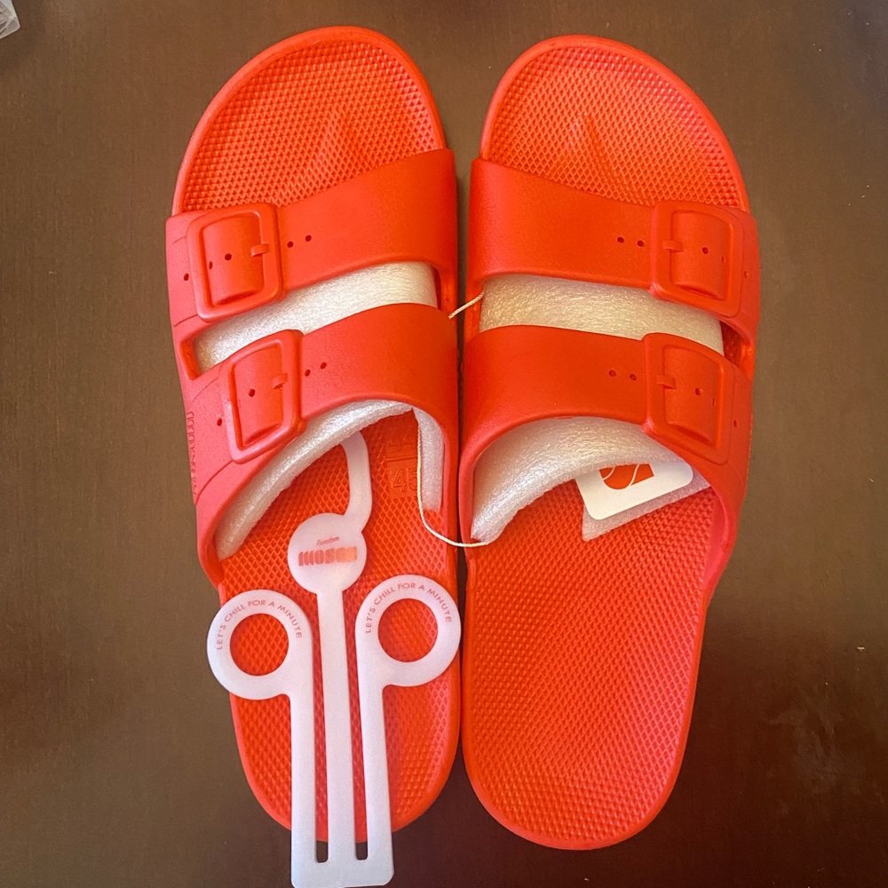 Red two-strap slides Birkenstock-style sandals molded eco-plastic Freedom Moses
